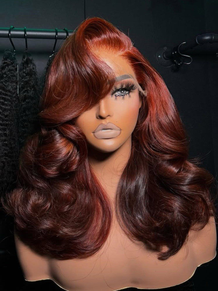 Layered Body Wave Ready To Go Wigs with Curtain Bangs Copper Red Highlight Ombre