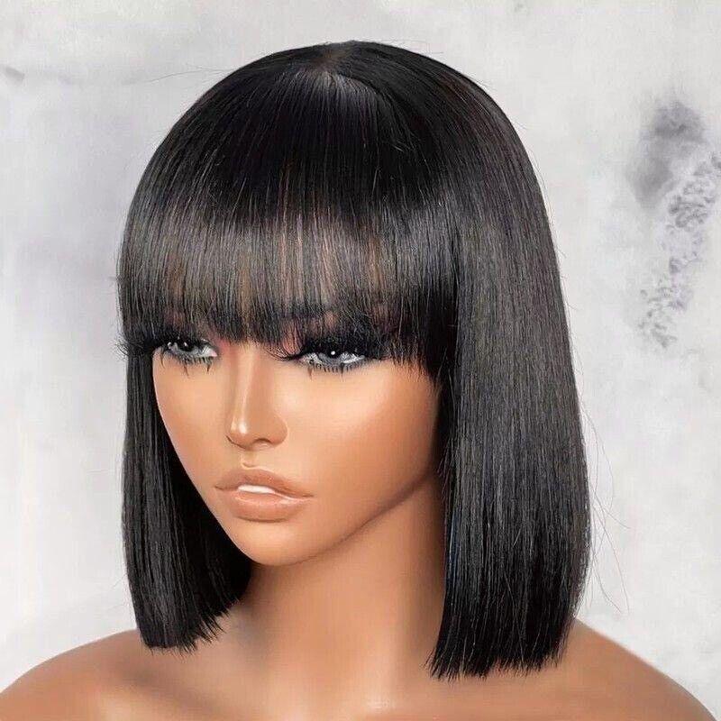 Glueless bob wig with bangs, sleek black human hair, pre-styled for effortless luxury