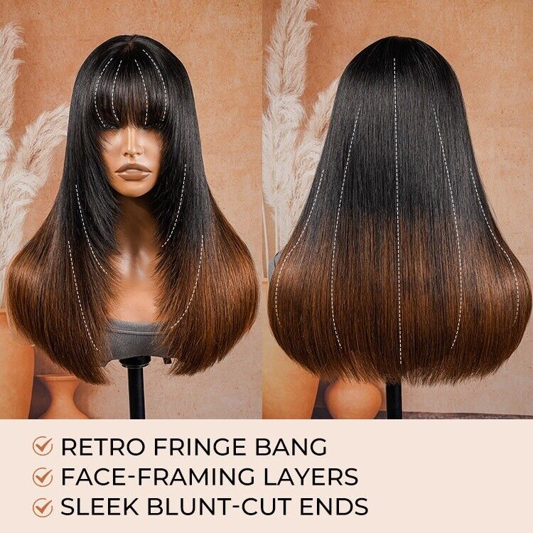 Human Hair Ready To Wear Glueless Lace Front Wig With Bangs Ombré Brown-Human hair Glueless wig-Chic Luxe Hair