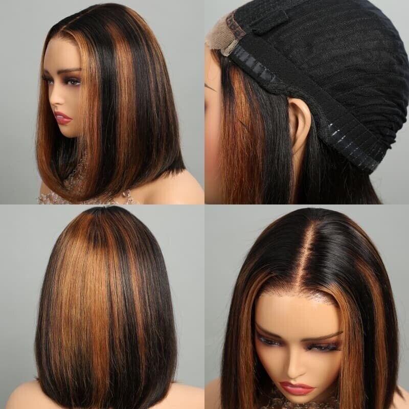 Glueless bob wig with ombre highlights, pre-styled virgin human hair, lace front & cap detail