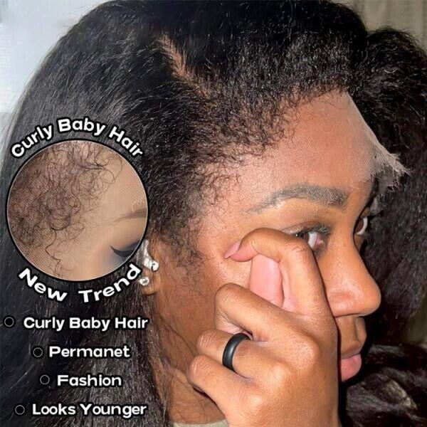 Curly baby hair wig detail, natural-looking lace front with soft curls, perfect for fashion and youthful style.