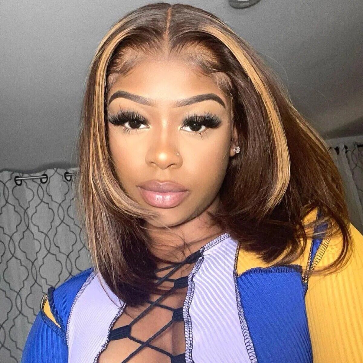 Women Human Hair Wig Bone Straight Lace Front Short Highlights Bob Wigs UK-Human hair wig-Chic Luxe Hair