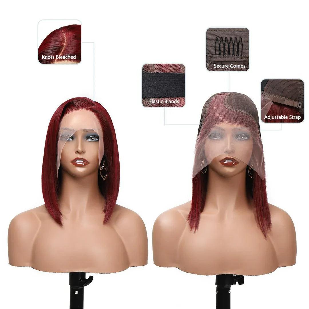 Red glueless lace front wig with bleached knots, secure combs, elastic bands, adjustable strap