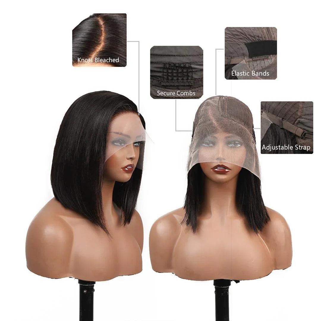 Glueless human hair wig with bleached knots, secure combs, elastic bands, and adjustable strap for comfort.