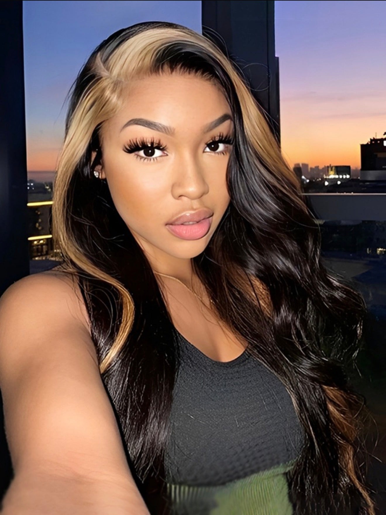 Chic Luxe Hair Pre-Styled Bouncy Curly Wig With Skunk Stripe Honey Blonde Highlights | 100% Human Hair | 250% Density