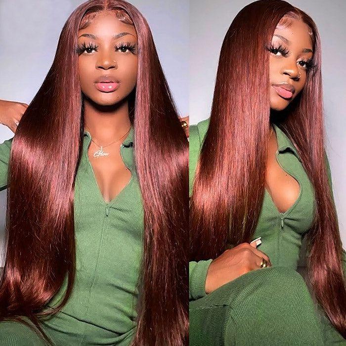 Luxury virgin human hair wig, glueless & pre-styled, long straight auburn lace front for effortless glam