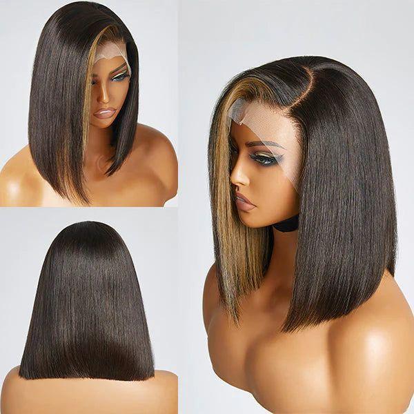 Glueless bob wig with straight virgin human hair, pre-styled for effortless luxury and confidence.