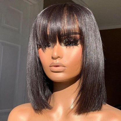 Human Hair Wig Wigs Glueless Women Wear & Go Lace Front Short Bob With Bang UK