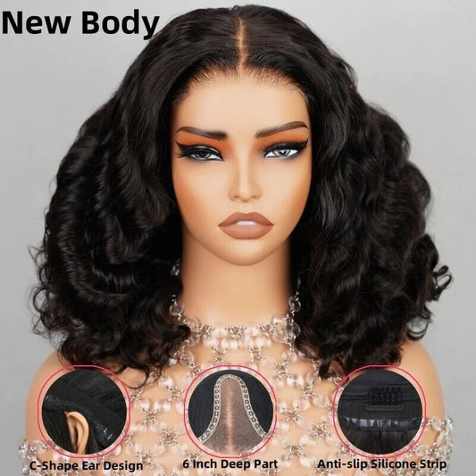 Human Hair Wigs UK Women Full Glueless Wear & Go Wavy Lace Front Short Bob Wig