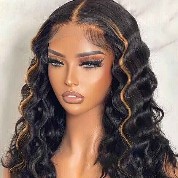 Women Human Hair Wig Glueless Highlight Wavy Lace Front Long Wigs 210% Full UK