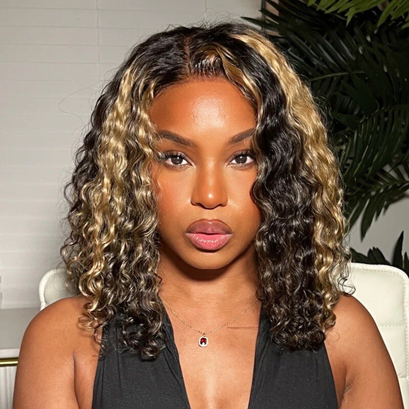 Women Human Hair Wig Glueless Lace Front Highlight Honey Blonde Short Wigs UK
