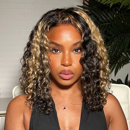 Women Human Hair Wig Glueless Lace Front Highlight Honey Blonde Short Wigs UK