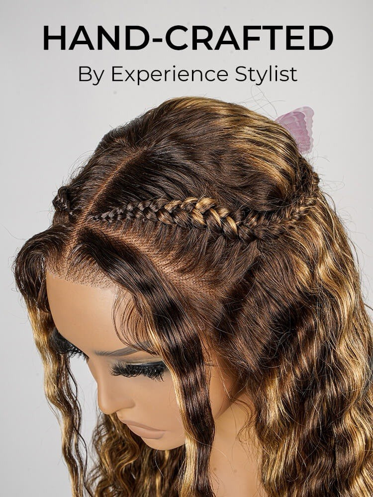 Glueless #P4/27 Color Highlight Wig Styled Crimped Wavy Front Wig