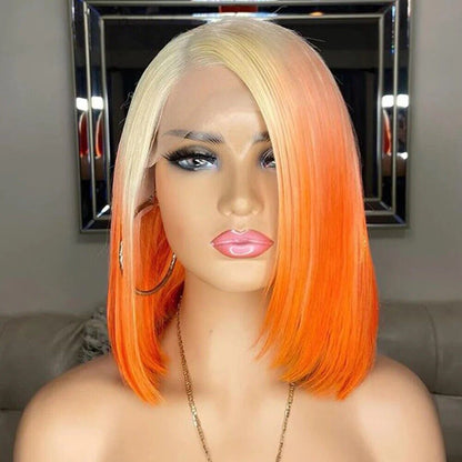 Human Hair Wig Women Bone Straight Lace Front Short Ombre 613 Orange Bob Wigs UK