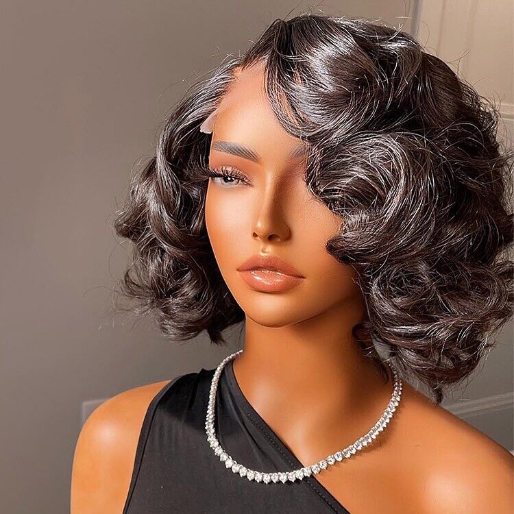 Human Hair Wigs Glueless Bouncy Lace Front Loose Wave Short Wig Women UK