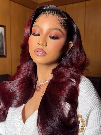 M Hairline Side Part #1B/99J Ombre Body Wave 13x6 Lace Frontal Wigs