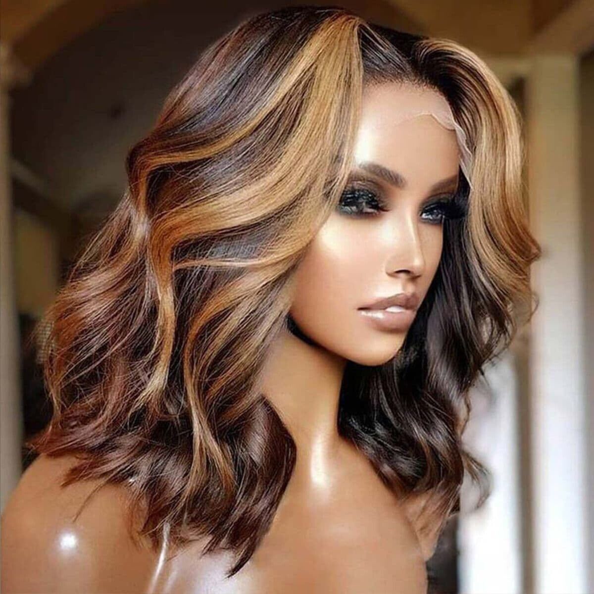 Women Human Hair Wig Glueless Wavy Full Lace Front Long Highlight Wigs UK