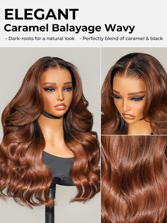 Original Caramel Balayage Highlight Wigs 13x4 Front Wig Customized Wavy Hair