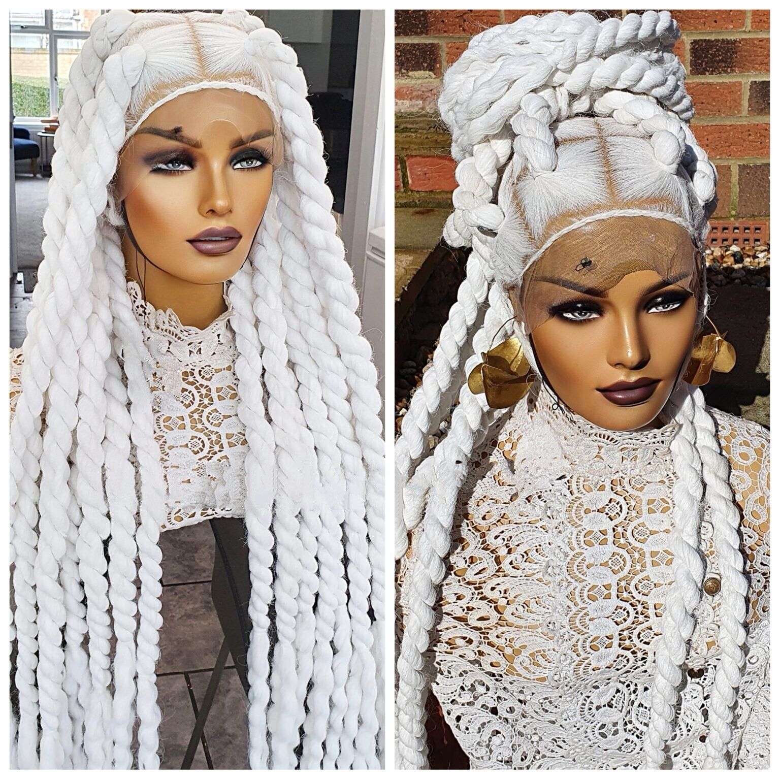 360 Full Lace Funmi Distressed White Chunky Twist Braided Wig 35inch Women UK