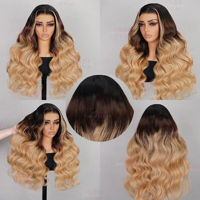 Human Hair Wigs Wig Women Glueless Lace Front Wavy Long UK Highlights Blonde