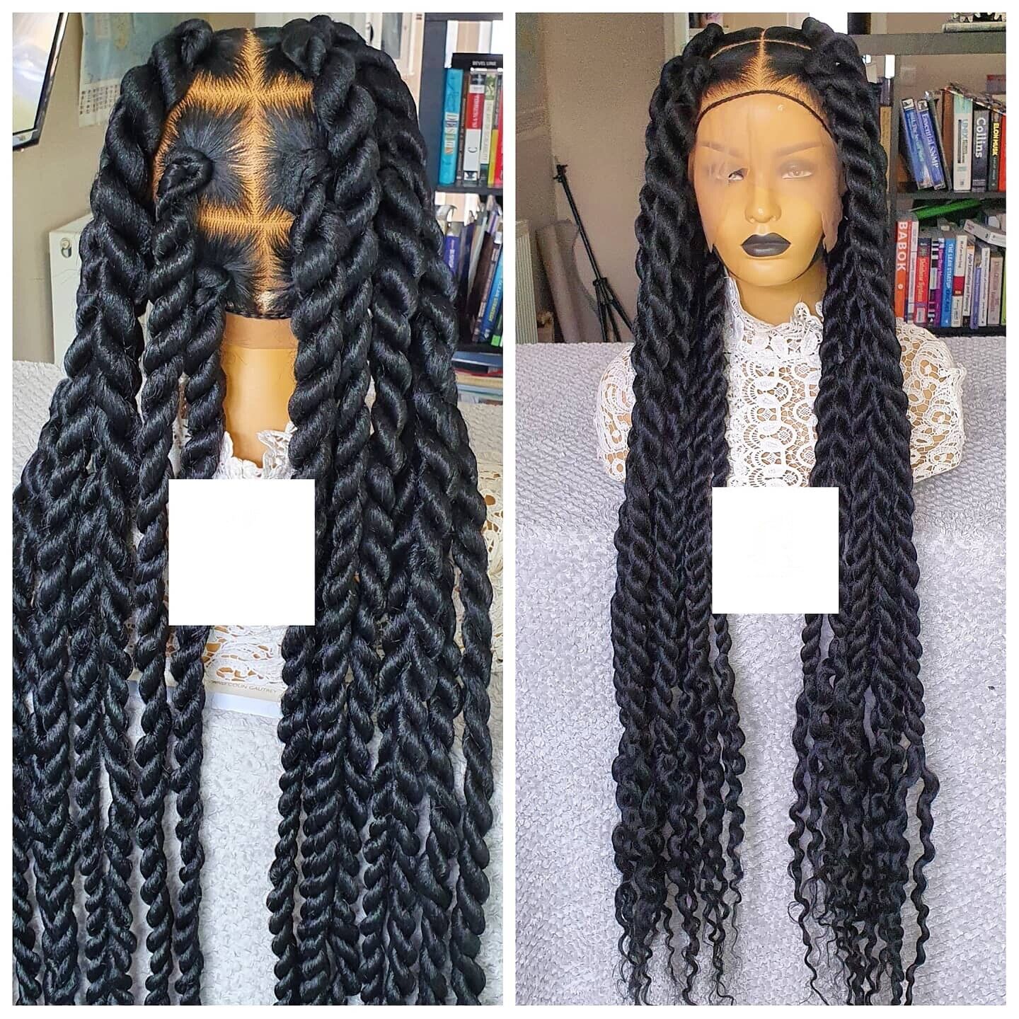 360 Full Lace Funmi Distressed Black Chunky Twist Braided Wig Women UK