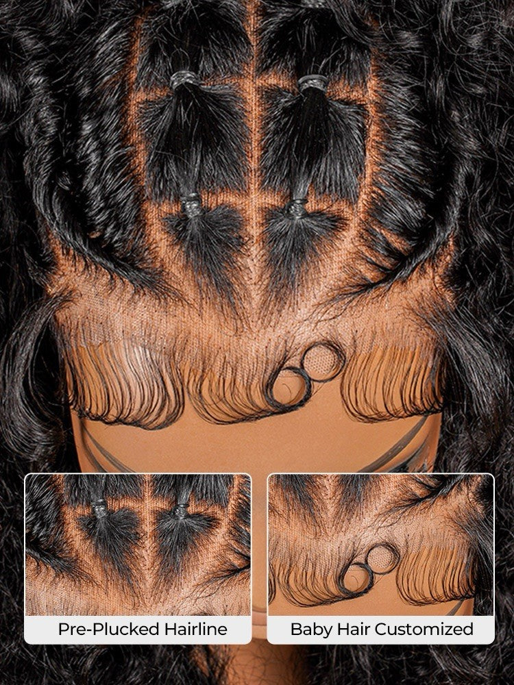 250% Density Human Hair Box Braids Wig With Flat Twists 13×6 Water Wave Wig