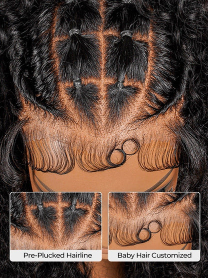 250% Density Human Hair Box Braids Wig With Flat Twists 13×6 Water Wave Wig