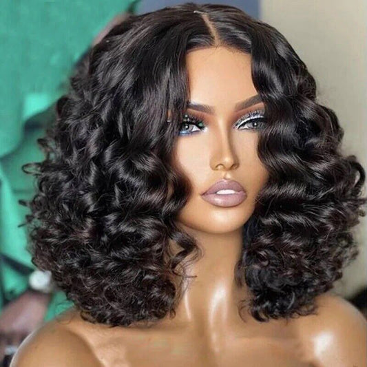 Women Human Hair Wigs Lace Front Glueless Loose Curly Invisible Short Wigs UK