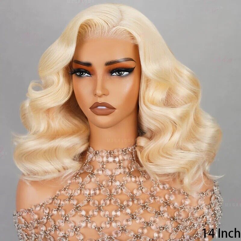 Human Hair Wig Wigs Glueless Womens Wear & Go Lace Front Blonde Short Wig UK