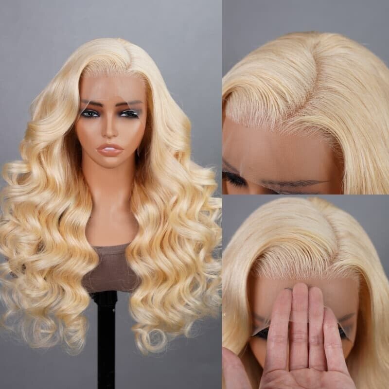 UK Women Full Wig Human Hair Straight Wavy Lace Front Long Wigs 613 Blonde