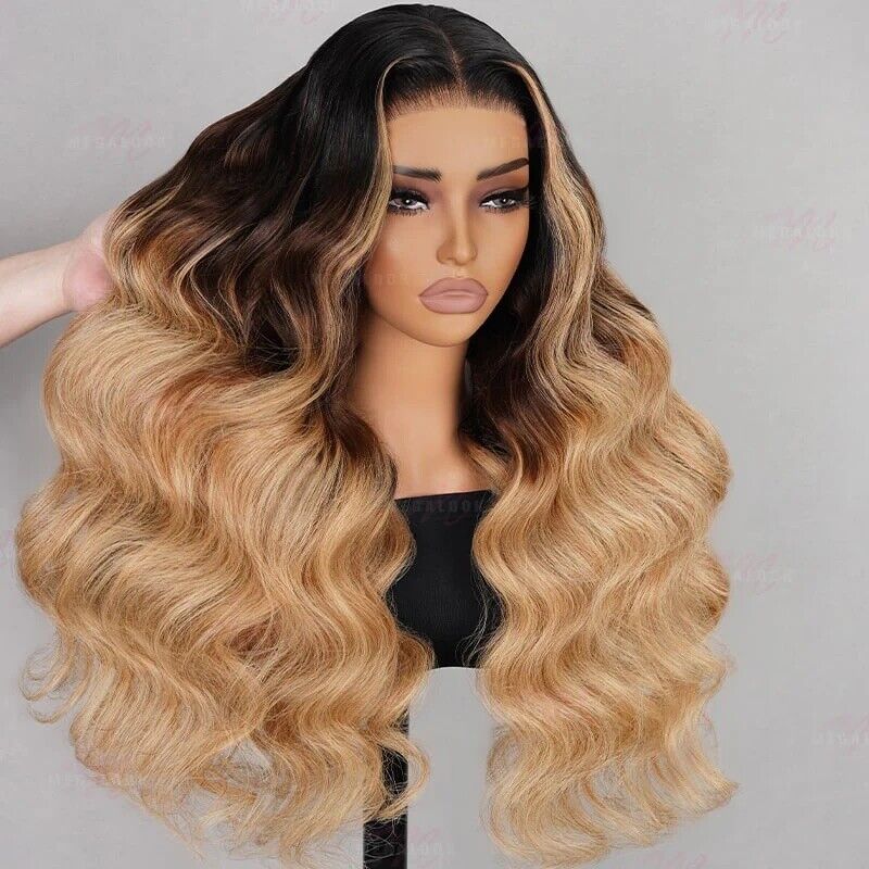 Human Hair Wigs Wig Women Glueless Lace Front Wavy Long UK Highlights Blonde