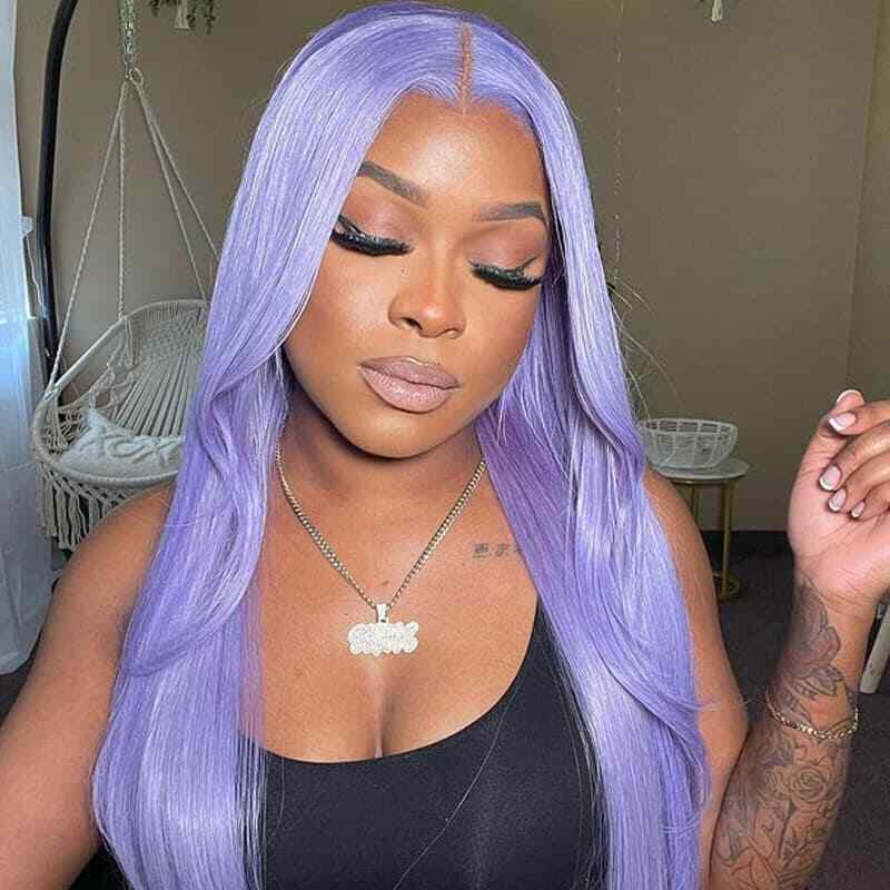 Women Human Hair Wigs Lace Front Wavy Straight Light Lavender Glueless Wig UK