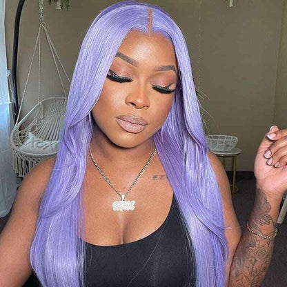 Women Human Hair Wigs Lace Front Wavy Straight Light Lavender Glueless Wig UK