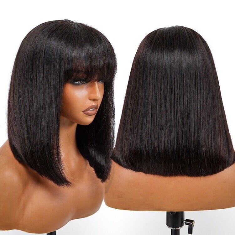 Short Bob With Bangs Human Hair Ready To Go Glueless Lace Front Wig