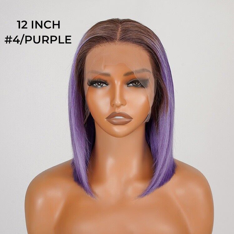 Human Hair Wigs Lace  Coloured #T4/Purple Bob Wig Glueless Women Wig UK