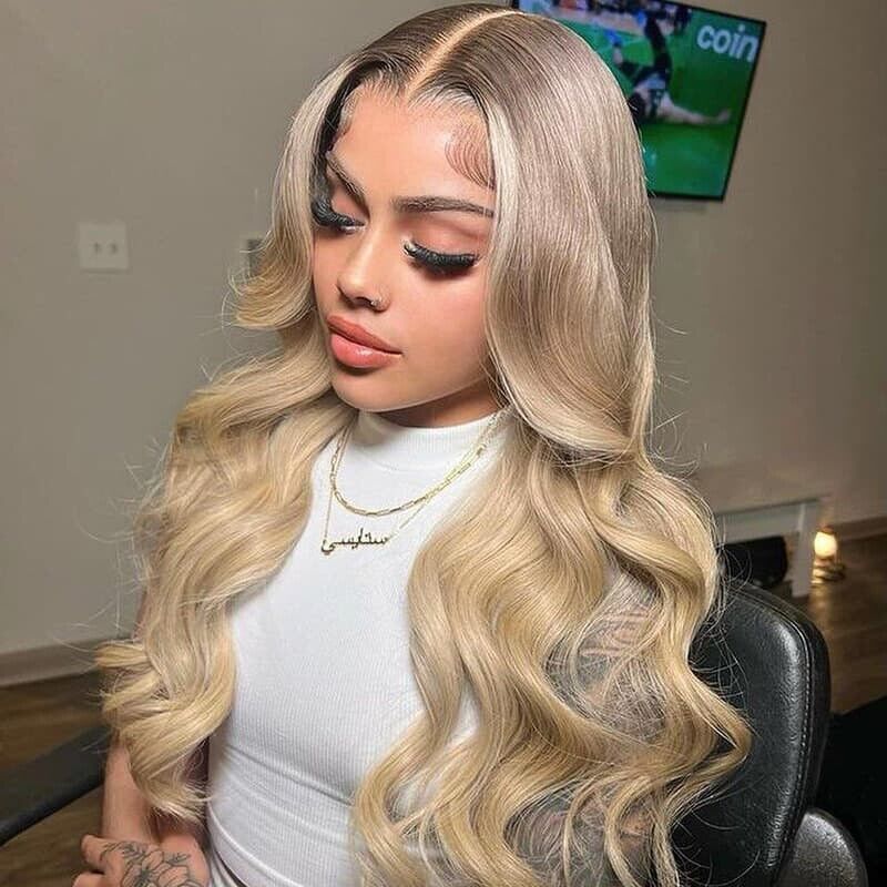 UK Women Full Wig Blonde Human Hair Wavy And Wavy Full Lace Front Long Wigs.