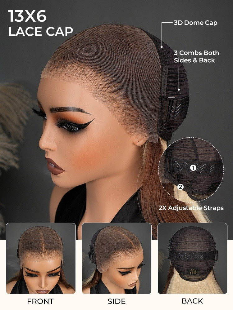 Pre-Styled Layered 250% Density Wig With Skunk Stripe Wavy Hair