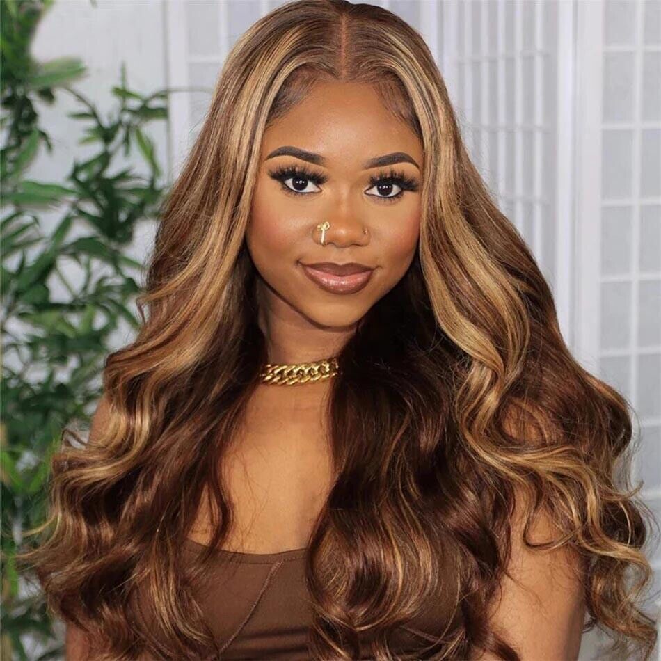 Human Hair Wigs Women Glueless Lace Front Highlights Wavy Long Wig UK