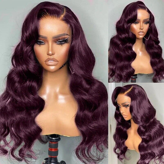 Women Human Hair Wigs Glueless Full Lace Front Dark Purple Wavy Long Wig UK