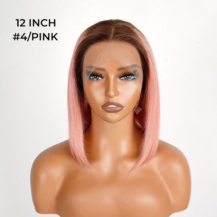 Human Hair Wigs Lace  Coloured #T4/Pink Bob Wig Glueless Women Wig UK