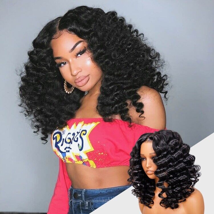 Glueless Ready To Wear Human Hair Wigs Lace Front Wand Curl Short Wig Women UK