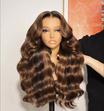 Human Hair Wigs Caramel Balayage Highlight Wavy Glueless Frontal Wig 250%