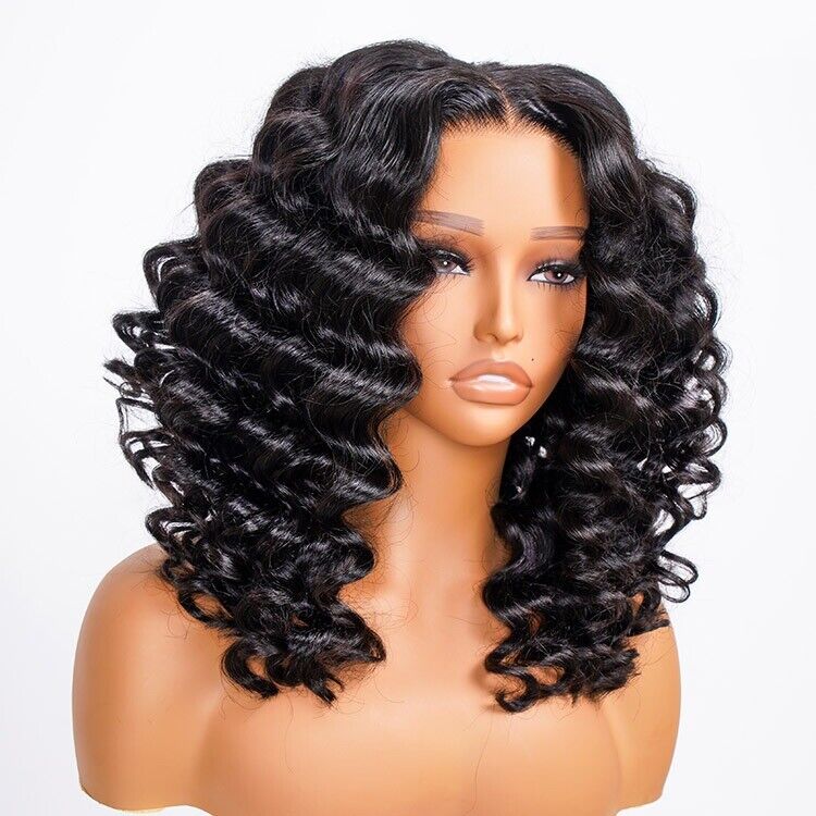 Glueless Ready To Wear Human Hair Wigs Lace Front Wand Curl Short Wig Women UK