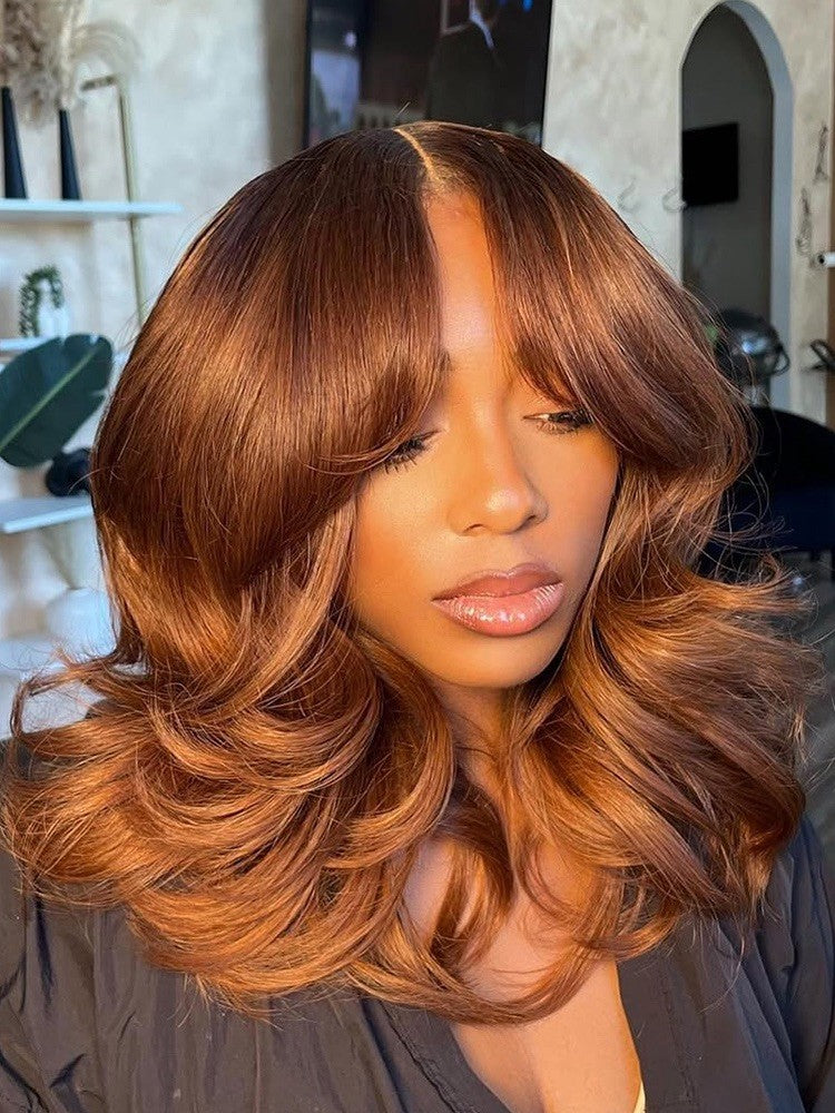 Pre-Everything Glueless Wig With Bangs Loose Wave Cinnamon Brown 250% Density 