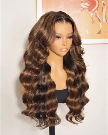 Human Hair Wigs Caramel Balayage Highlight Wavy Glueless Frontal Wig 250%