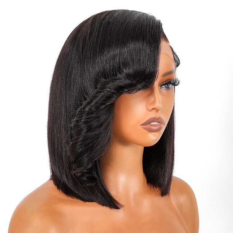 Human Hair Wigs Side Bang Layered Cut Wavy Bob Wig Glueless Women Wig UK