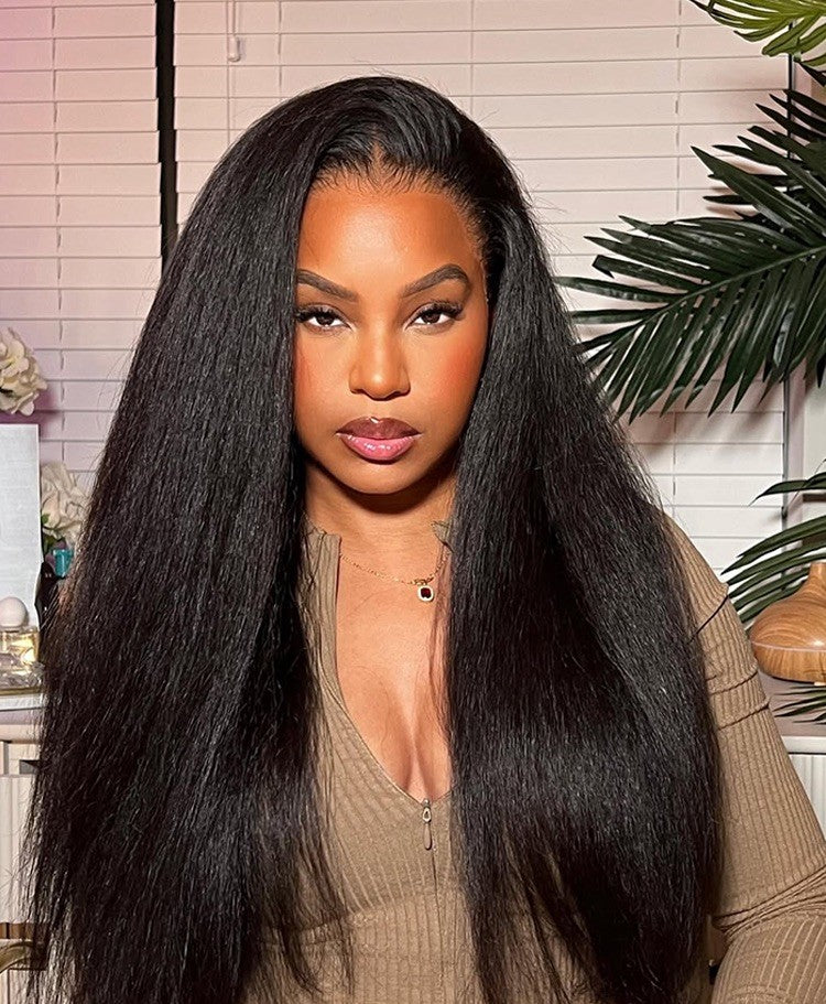 Pre Styled Ready To Wear Yaki Straight Human Hair 300%  Density Glueless  Wig 