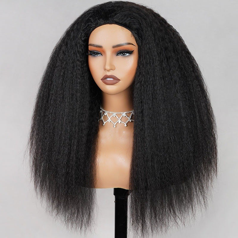 Half Wig Yaki Straight Drawstring Wigs Easy To Wear & Go 3/4 Flip Over No Glue