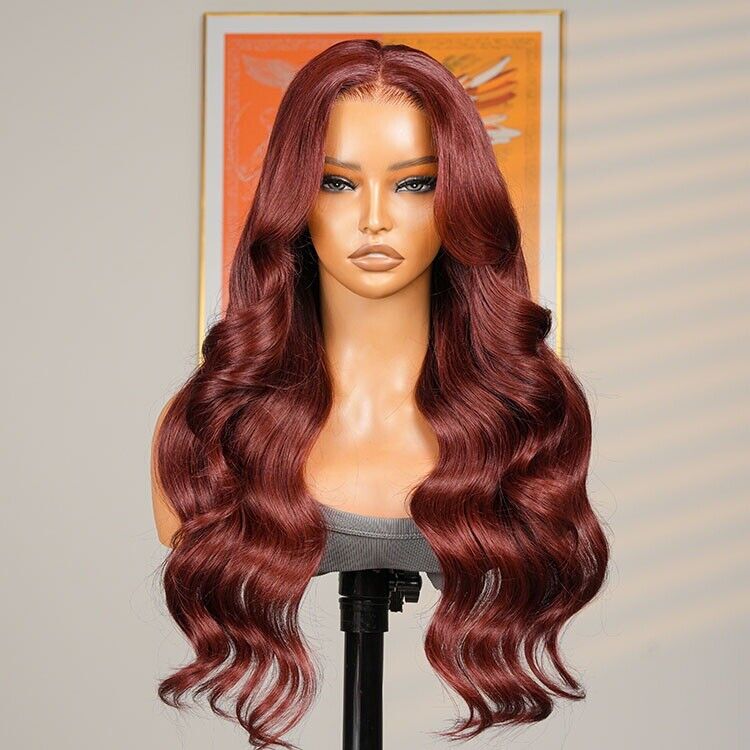 Human Hair Wigs Angora Red Wavy Glueless 13*6 Frontal Wig with Layered Cuts 250%