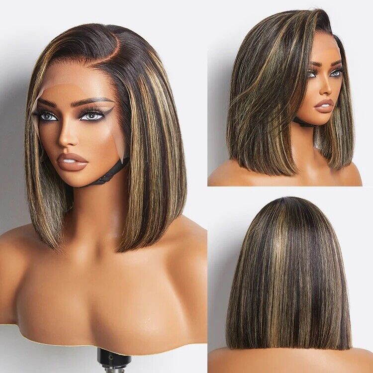 Human Hair Wigs Women Glueless Lace Front Straight Bob Balayage Highlights UK